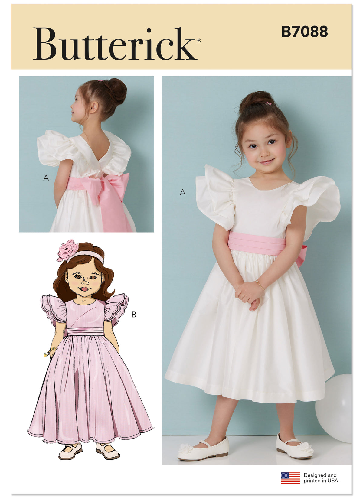 Butterick B7088 sewing pattern envelope showing a girls' dress with layered ruffle sleeves