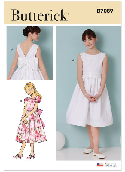 Butterick B7089 sewing pattern envelope showing a girls' lined special occasion dress with petticoat