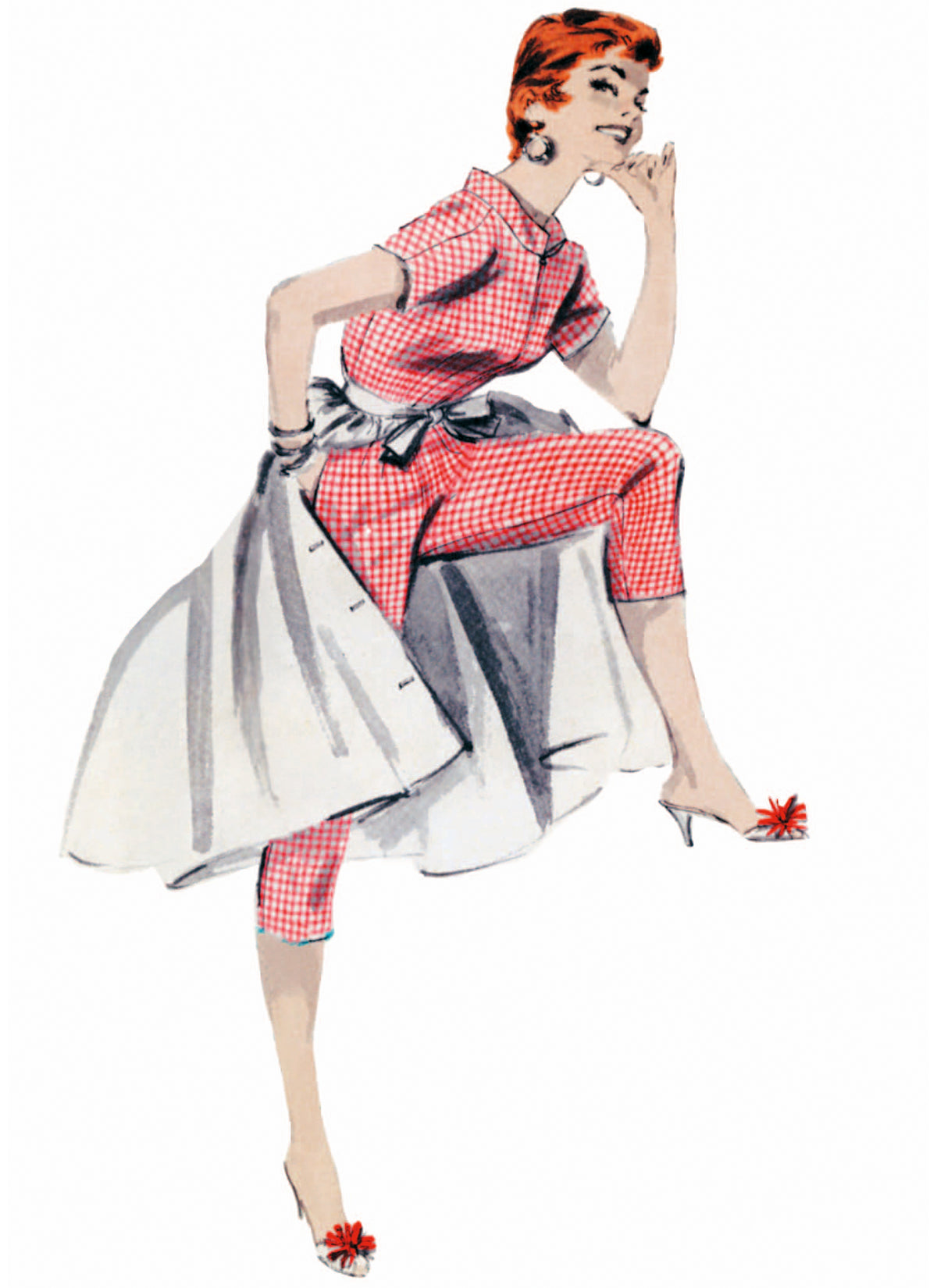 Butterick B7090 sewing pattern envelope showing a 1950s-style coverall with overskirt