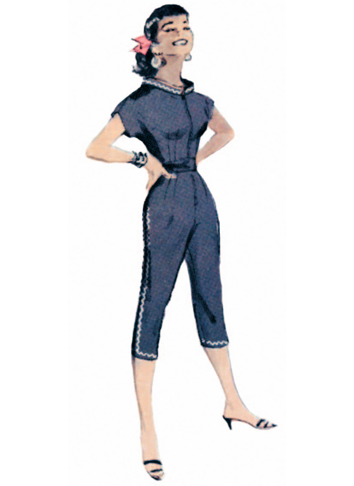 Butterick B7090 sewing pattern envelope showing a 1950s-style coverall with overskirt