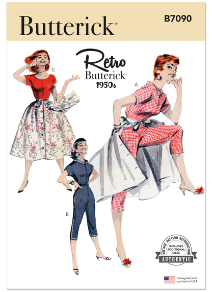 Butterick B7090 sewing pattern envelope showing a 1950s-style coverall with overskirt