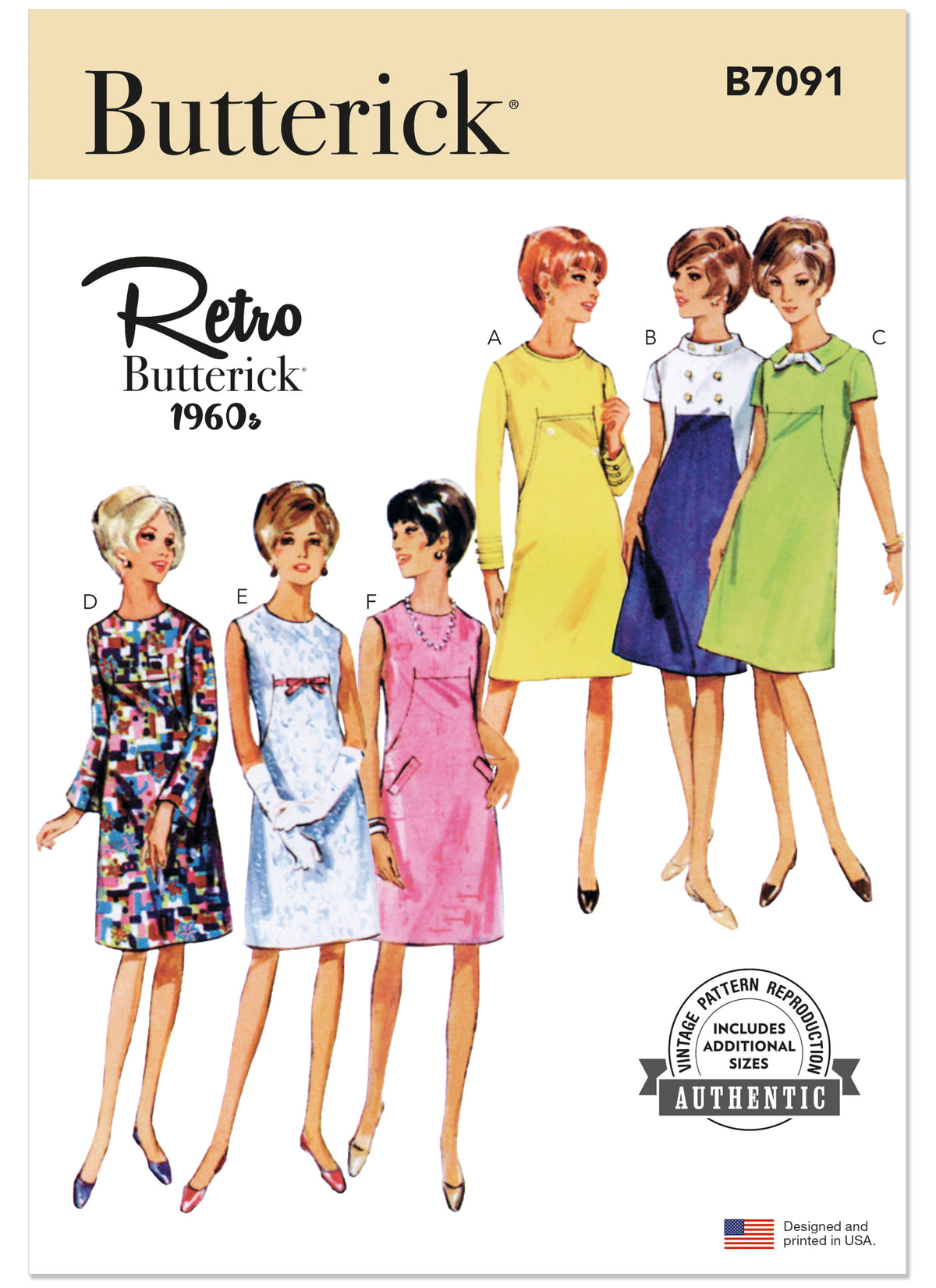 Butterick B7091 sewing pattern envelope showing a 1960s-style one-piece dress