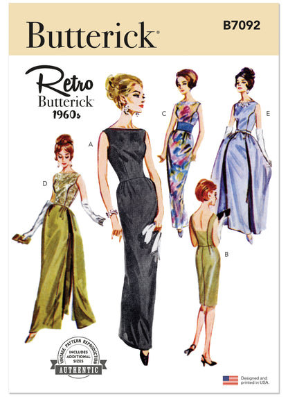 Butterick B7092 sewing pattern envelope showing 1960s evening dresses