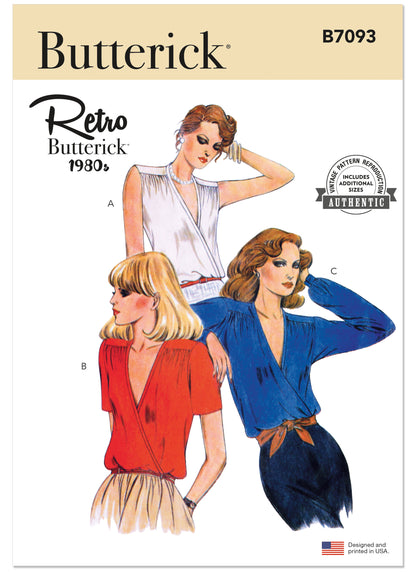 Butterick B7093 sewing pattern envelope showing 1980s blouse designs