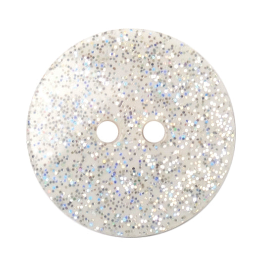 Clear round 2-hole button with silver glitter