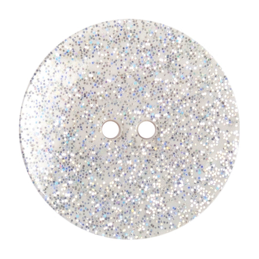Clear round 2-hole button with silver glitter