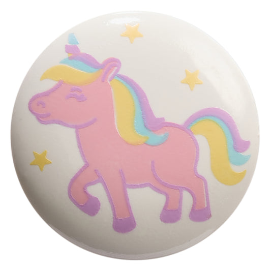 White round button printed with a pink unicorn and stars