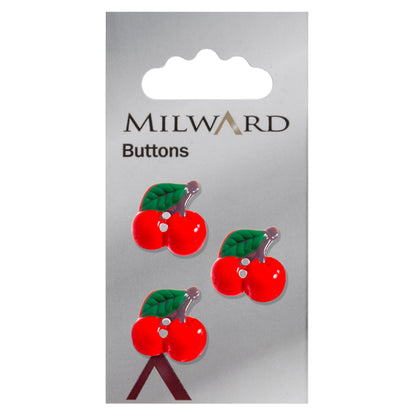 Red cherries with green leaf novelty button