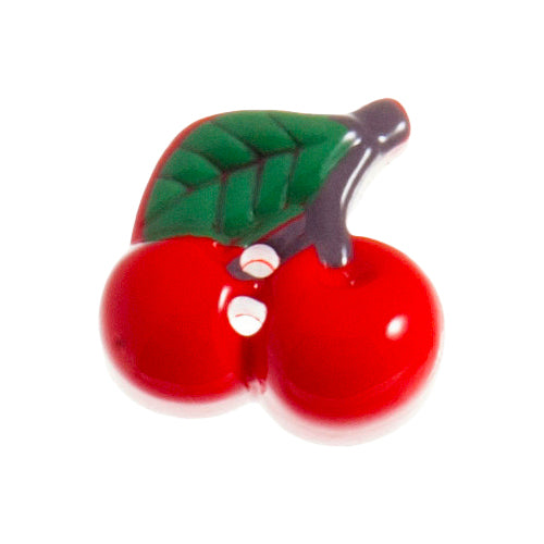 Red cherries with green leaf novelty button