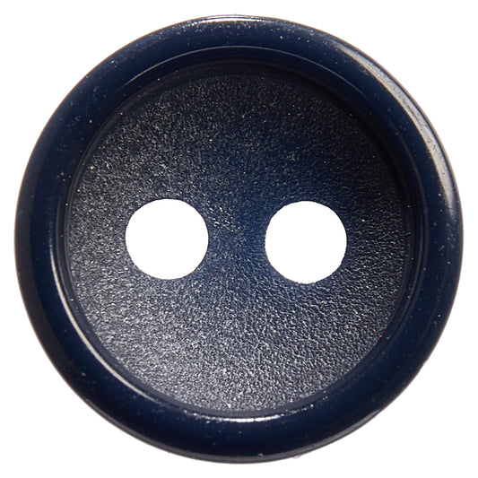 Navy 2-hole button with a glossy raised rim and a textured centre
