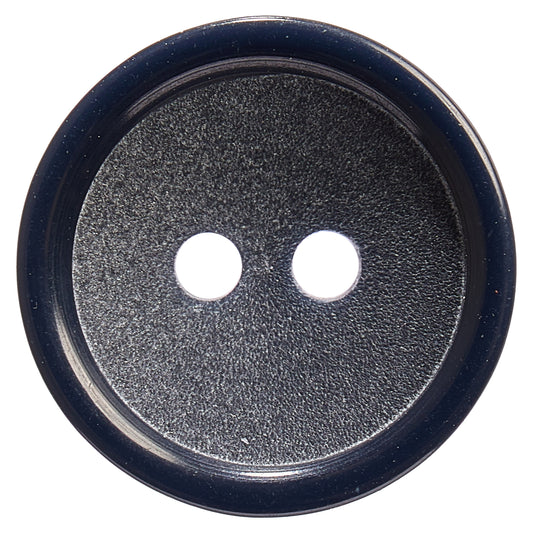 Navy 2-hole button with a glossy raised rim and a textured centre
