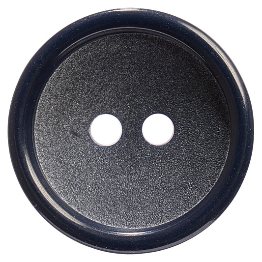 Navy 2-hole button with a glossy raised rim and a textured centre