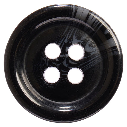 Glossy black 4-hole button with grey marbling and a raised rim