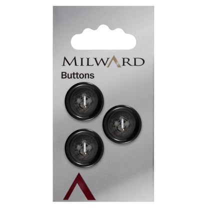 Glossy black 4-hole button with grey marbling and a raised rim