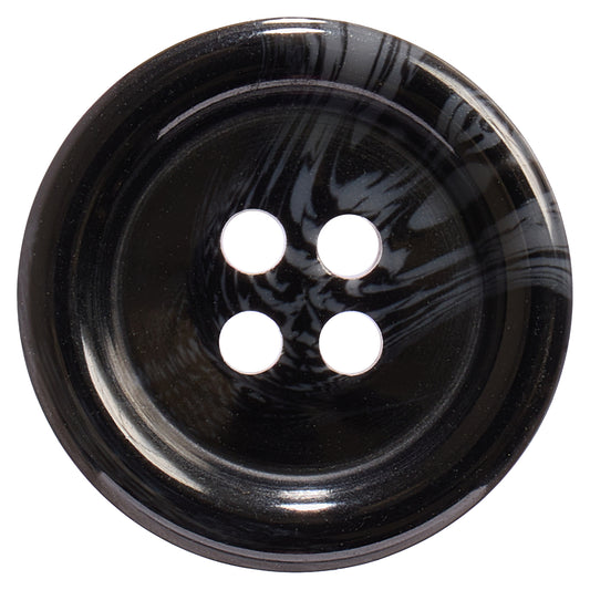 Glossy black 4-hole button with grey marbling and a raised rim