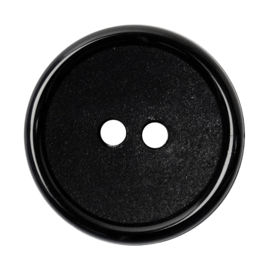 Black 2-hole button with a glossy raised rim