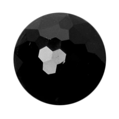 Domed black button with a faceted, jewel-cut face
