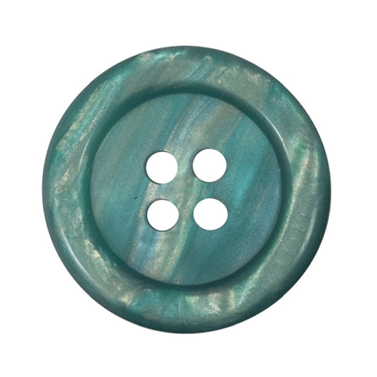 Teal 4-hole button with a pearlised finish and a raised rim