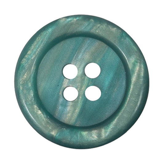 Teal 4-hole button with a pearlised finish and a raised rim