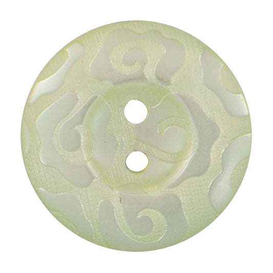 Pale green 2-hole button with an embossed swirl pattern