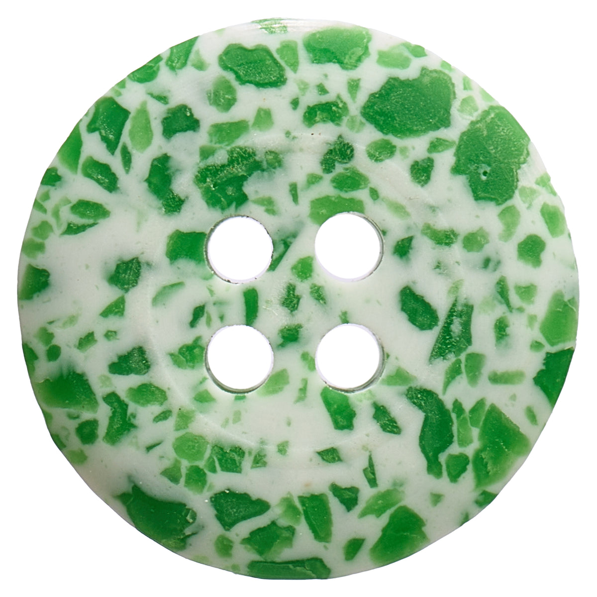 White 4-hole button with a green speckled pattern