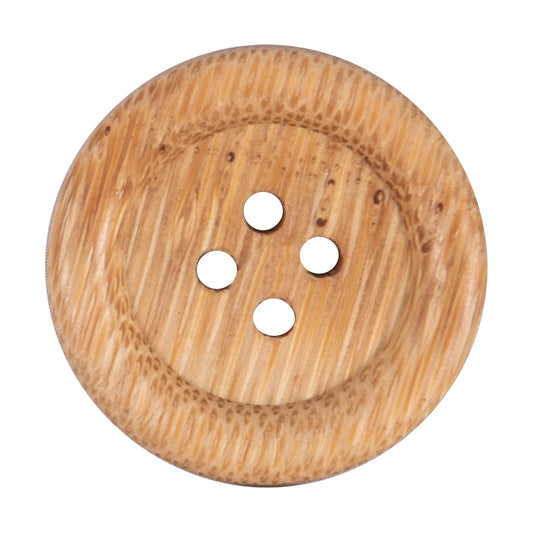 Honey-toned wooden round four-hole button with rim