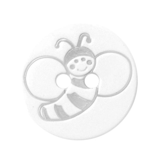 Round white button with an engraved bee design