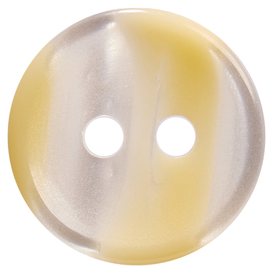 Round translucent cream and grey striped button with two holes