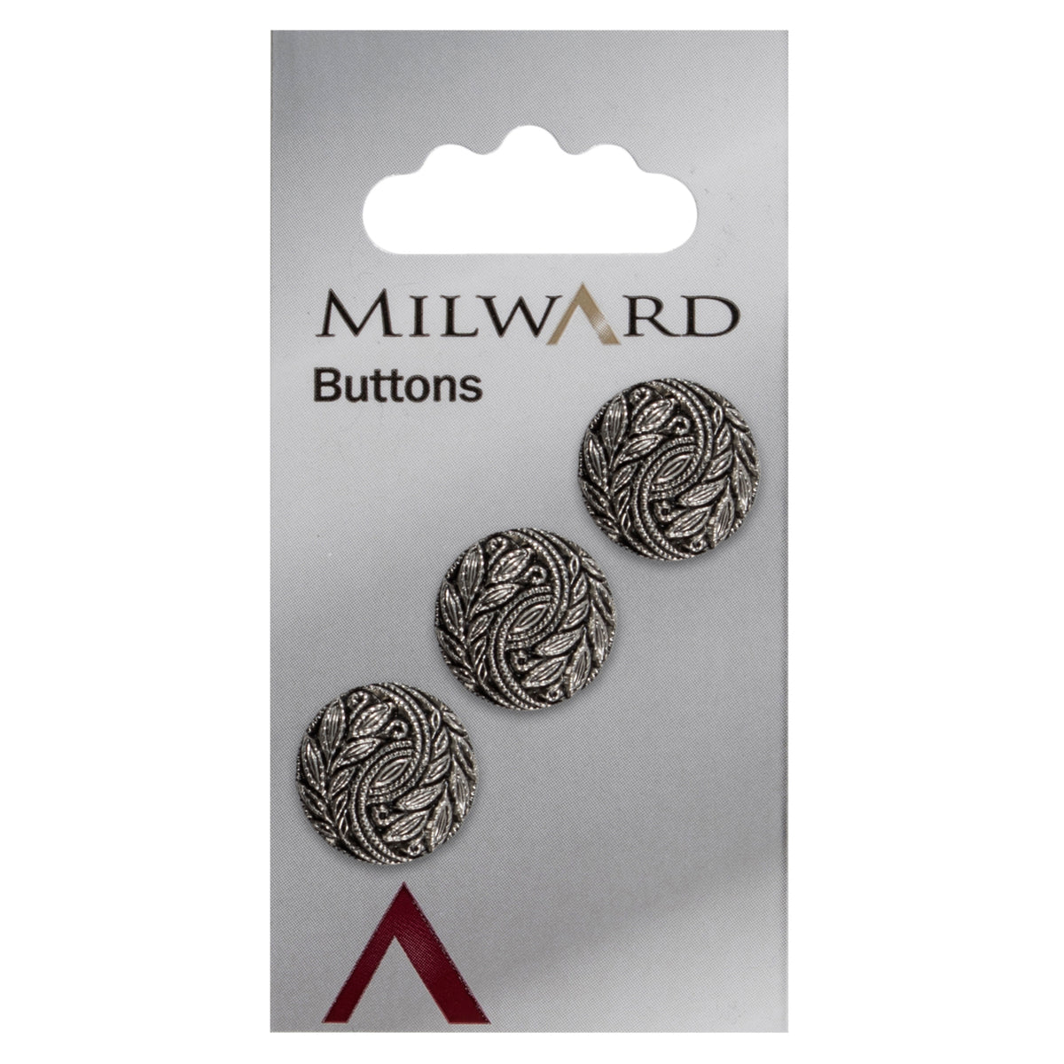 Round silver and black button with a swirling leaf design