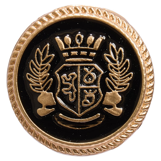 Round gold and black crest blazer button with rope-edge rim