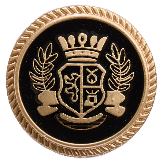 Round gold and black crest blazer button with rope-edge rim