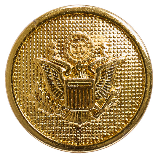 Round gold metal button with an embossed eagle crest