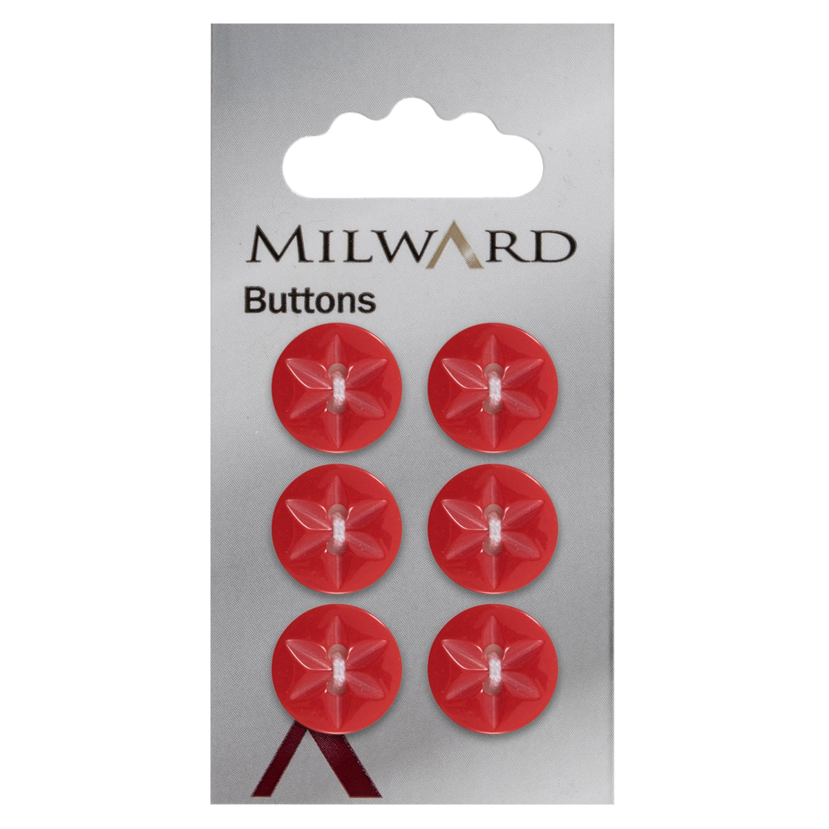 Bright red round button with a star pattern and two holes