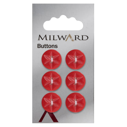 Bright red round button with a star pattern and two holes