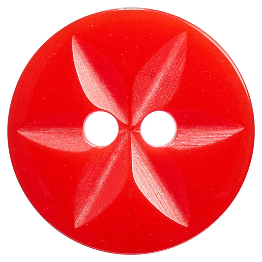 Bright red round button with a star pattern and two holes