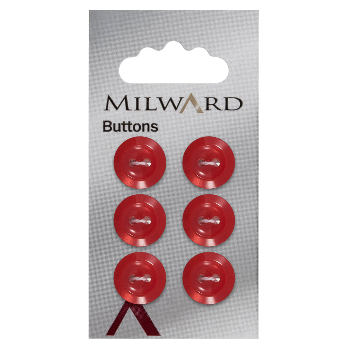 Dark red round button with a raised rim and two holes