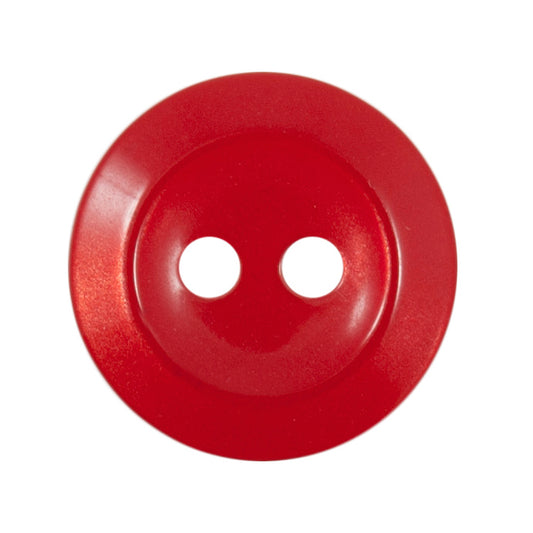 Dark red round button with a raised rim and two holes