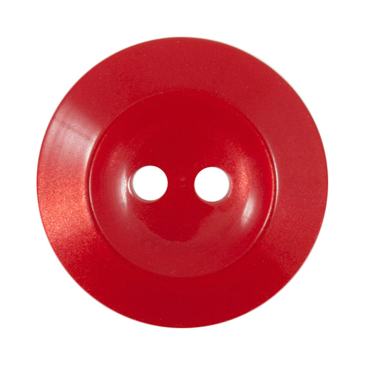 Dark red round button with a raised rim and two holes