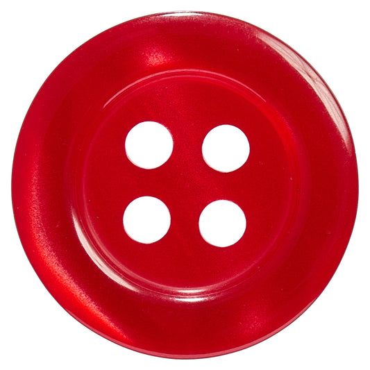 Bright red round button with a raised rim and four holes