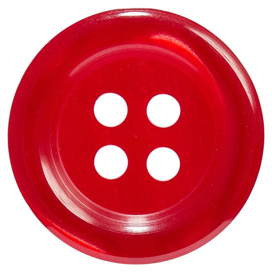 Bright red round button with a raised rim and four holes