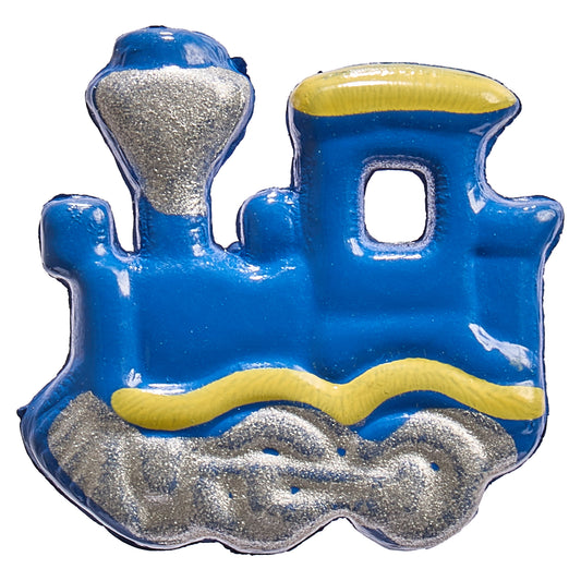 Blue steam train shaped novelty button
