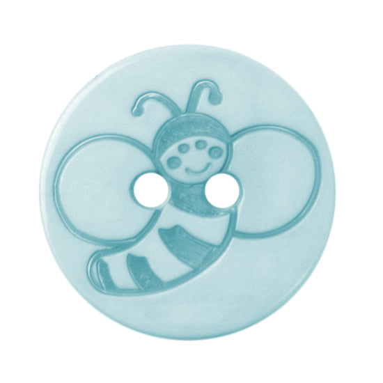 Pale aqua 2-hole button engraved with a bee