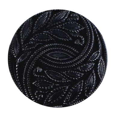 Black button with embossed paisley pattern