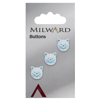 White cat face novelty button with blue features