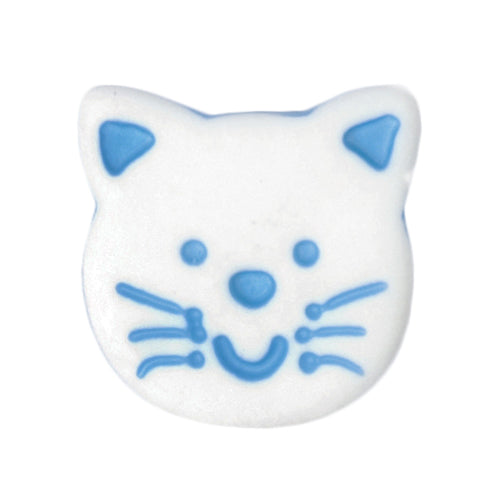 White cat face novelty button with blue features