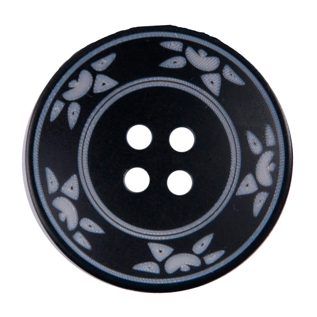 Black four-hole button with a white floral border