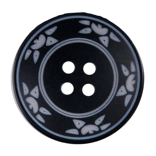 Black four-hole button with a white floral border