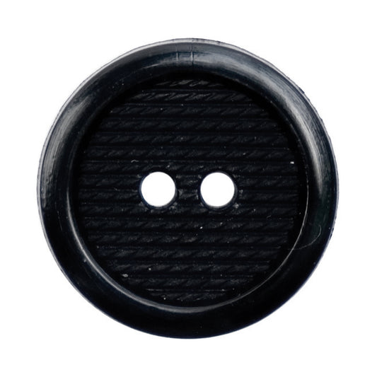 Black two-hole button with a ribbed centre and raised rim