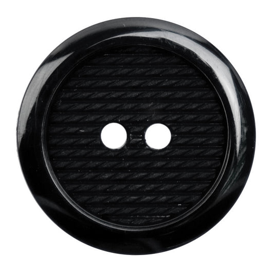 Black two-hole button with a ribbed centre and raised rim