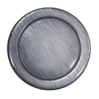 Grey brushed-effect button with a raised rim